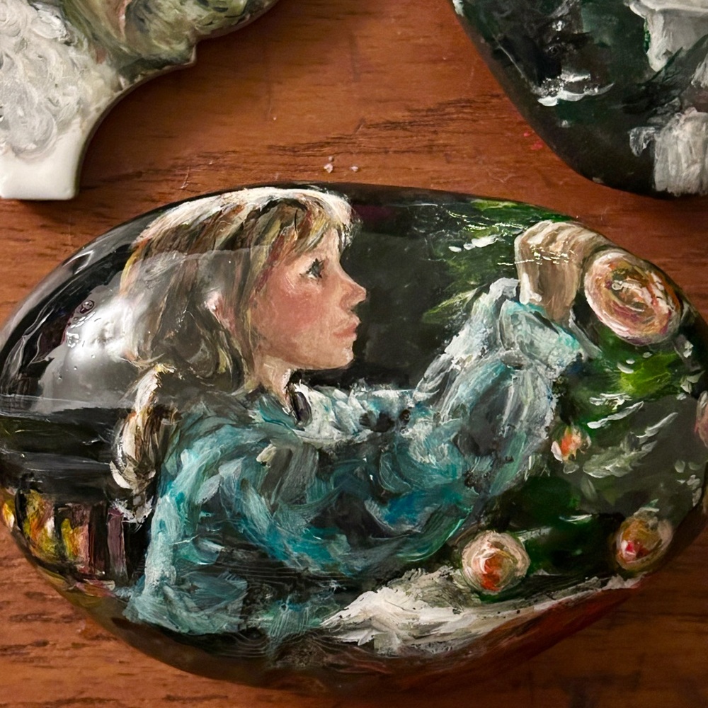 Hand painted original Festive Child decorating Christmas Tree Art Stone